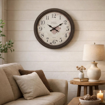 Horloge murale, cadre rond de 20 pouces brun antique, cadran en papier rétro