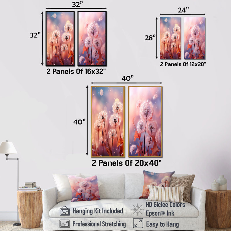 «Delicate Calm Dandelion Serenity IV», ensemble de 2 impressions murales florales, Encadrement doré, H 40 po x l 41 po