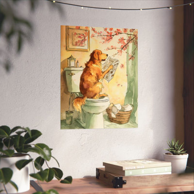 Golden Retriever, lecture d'un journal sur une toilette, art mural | Drôle de décor de salle de bain pour chien | Affiche du japonais Golden Retriever | Impression 16 x 20