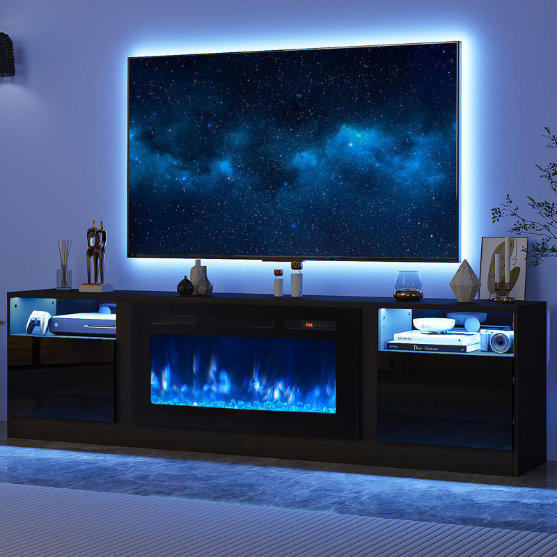 Kenndy 80" TV Stand with Electric Fireplace for TVs up to 90'', LED Lights, Storage Cabinets & Shelves, Black