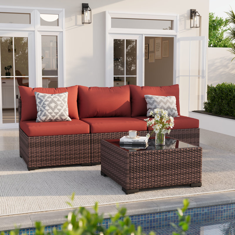 Ensemble canapé de jardin 3 places en résine tressée avec coussins et table basse en verre, Rouge