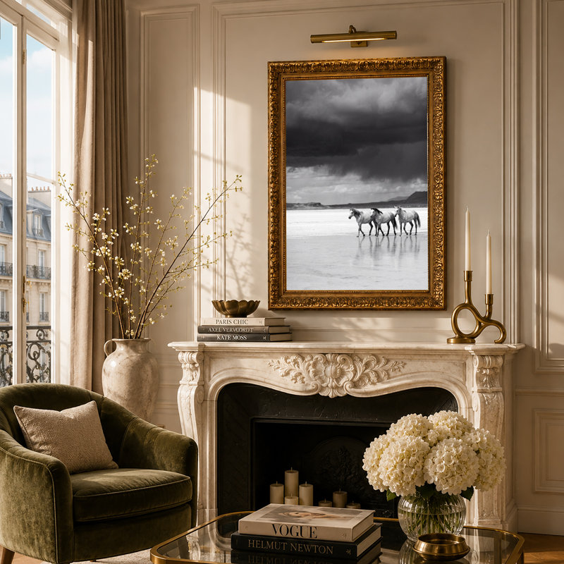 «Three Horses Walking on Salt Flat Under Dark Stormy Sky», art mural, H 30 po x l 20 po