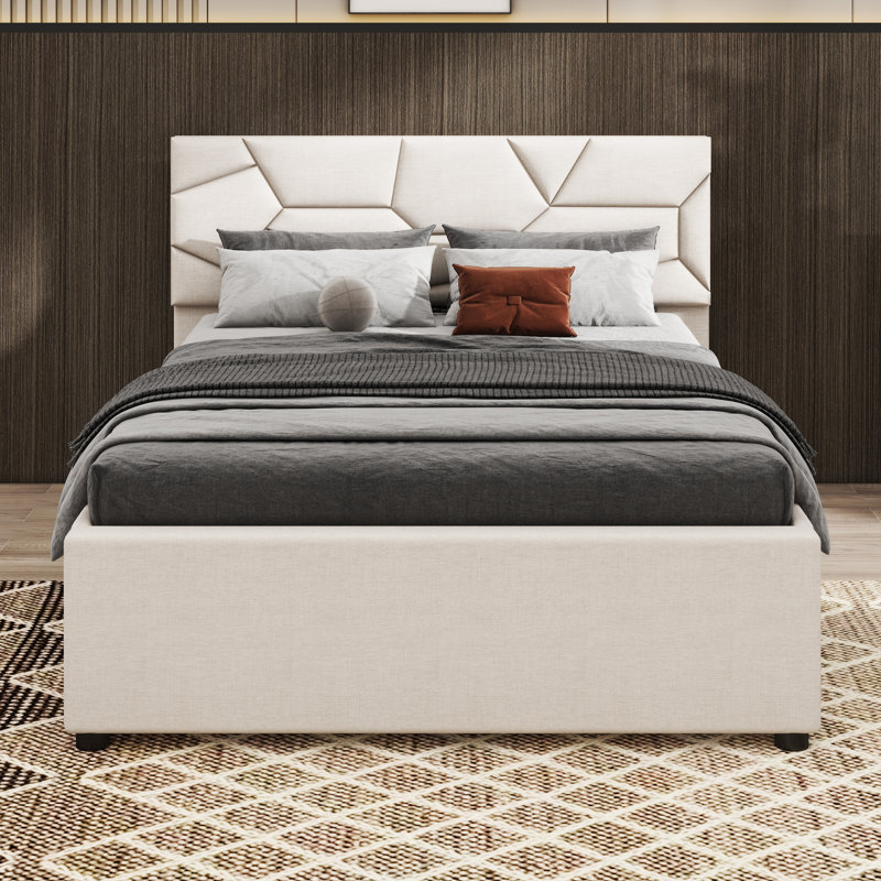 Lit plateforme tapissier avec rangement Stephenia, Double, Beige