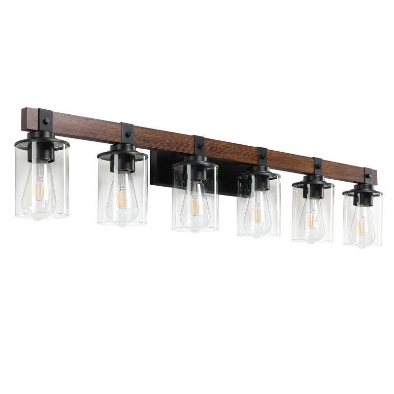 Éclairage pour meuble-lavabo moderne en bois massif, bois massif et métal noir avec abat-jour en verre transparent, 6 Lights