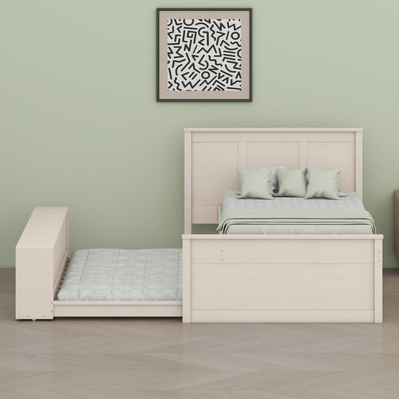 Lit plateforme avec rangement intégré et lit gigogne caché, Blanc, crème