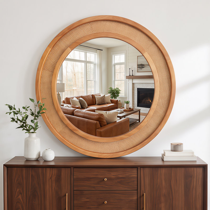 Miroir mural rond en rotin