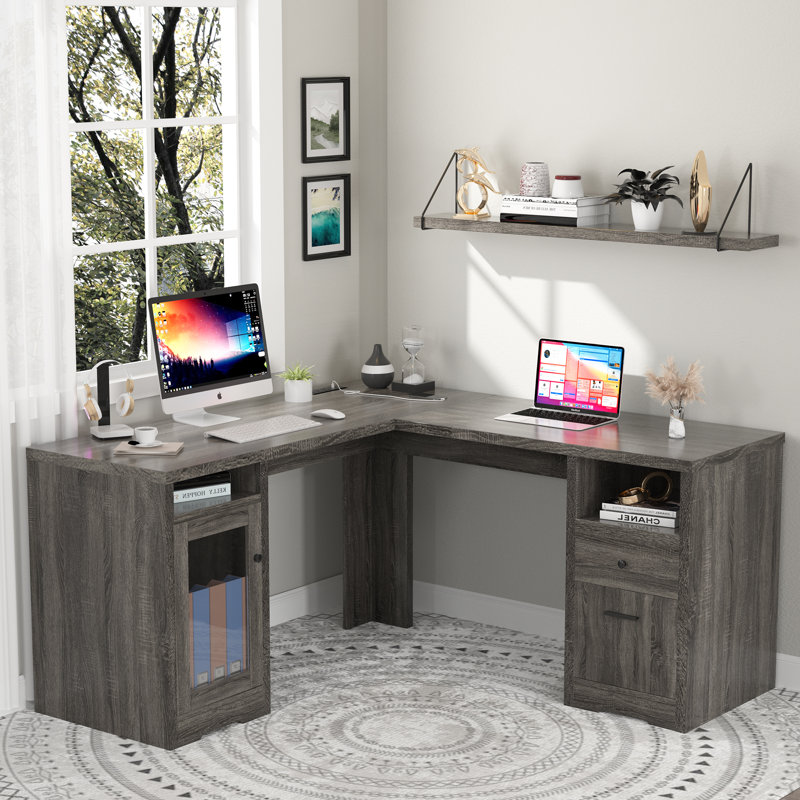 Chizuko 59'' W L-Shaped Executive Desk with Cabinet, Gray