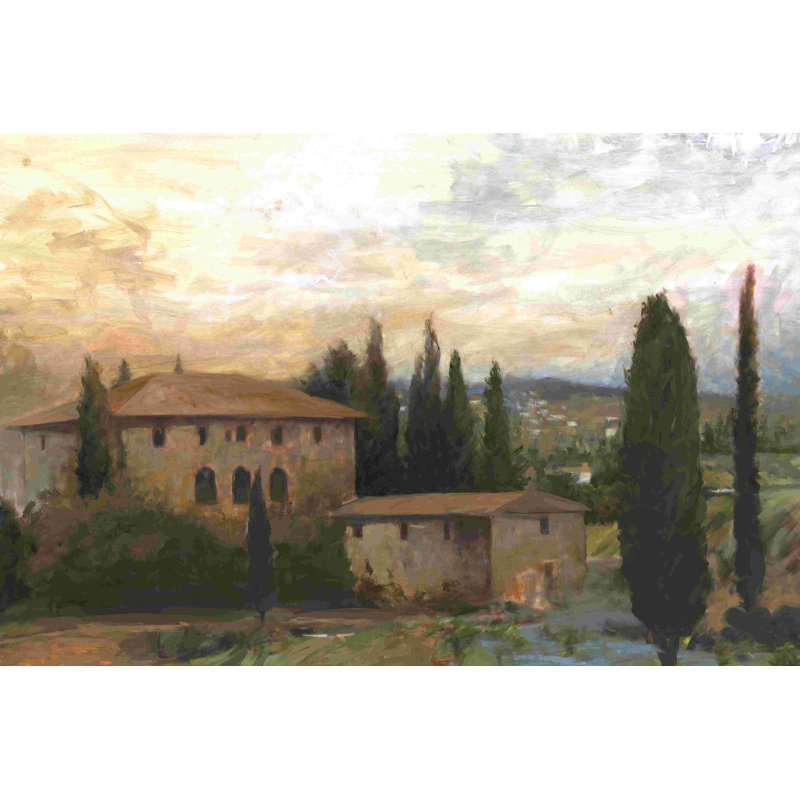 «Tuscan Villa Sunset», peinture sur toile tendue, H 12 po x l 18 po