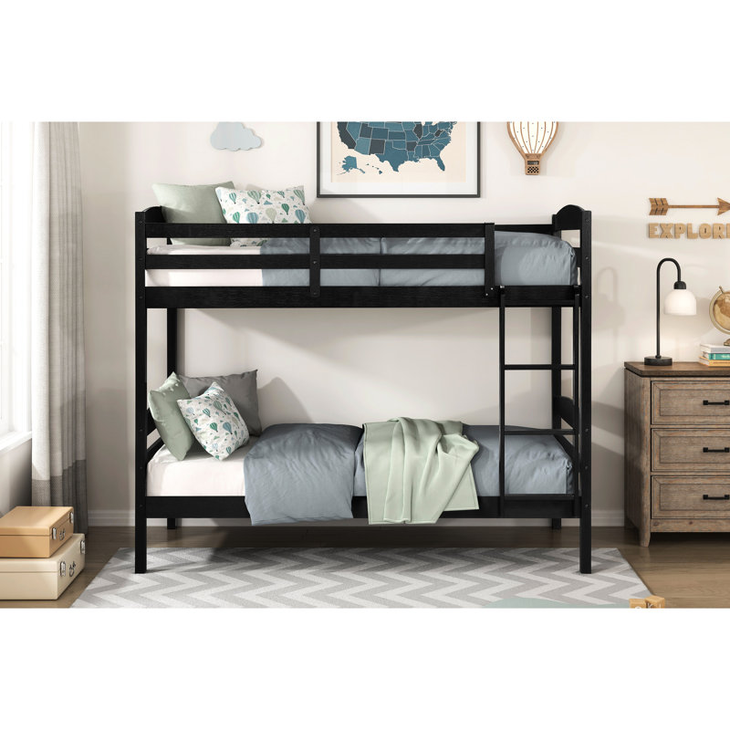 Twin Over Bunk Bed In Black, Wood Bed, Guard Rails, , No Foundation, Bedroom Accommodation Option Black Construction, Box Spring, Sleep For Shared Spaces Youth