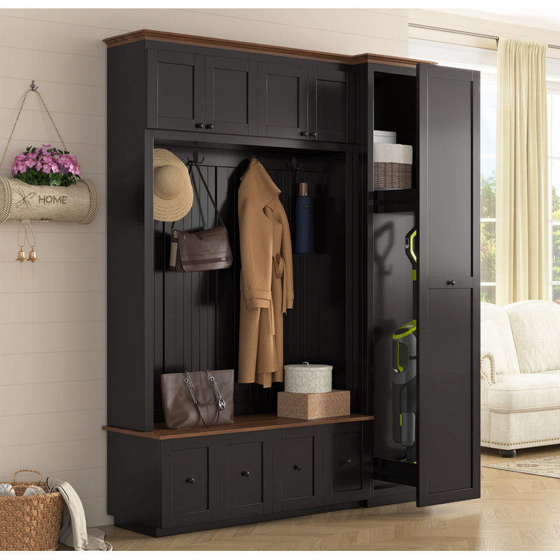 (Black) Farmhouse 5-in-1 Entryway Hall Tree with Storage Bench Cabinets Drawers and Hooks for Hallway Mudroom Living Room