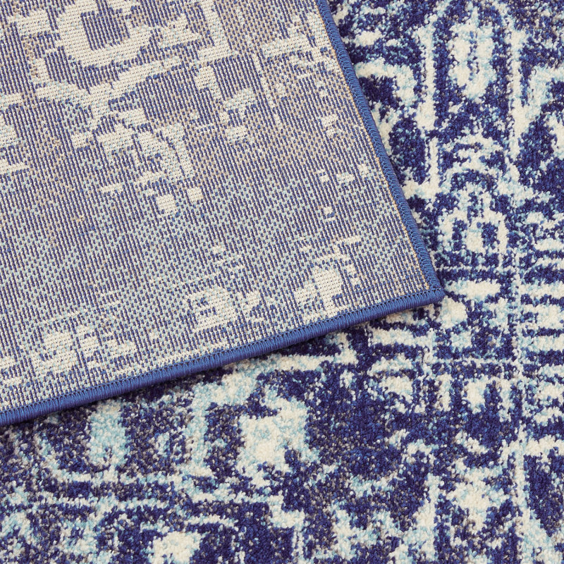 Navy Traditional Easy To Clean Floral Rug For Dining Room, Chenille/Cotton, Rectangle 120 x 170cm