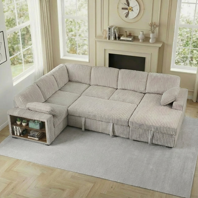 Canapé modulaire de 117 po avec méridienne de rangement, lit escamotable et bibliothèque 117 po - Revêtement en velours côtelé