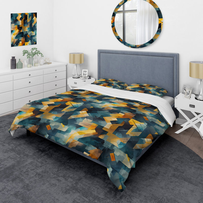 Literie géométrique beige et bleue I, Housse de couette pour grand lit et 2 taies décor