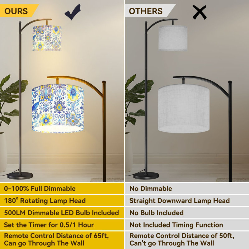 Lampe sur pied en arc bleu, jaune, floral, élégant, aquarelle et lampes sur pied avec télécommande
