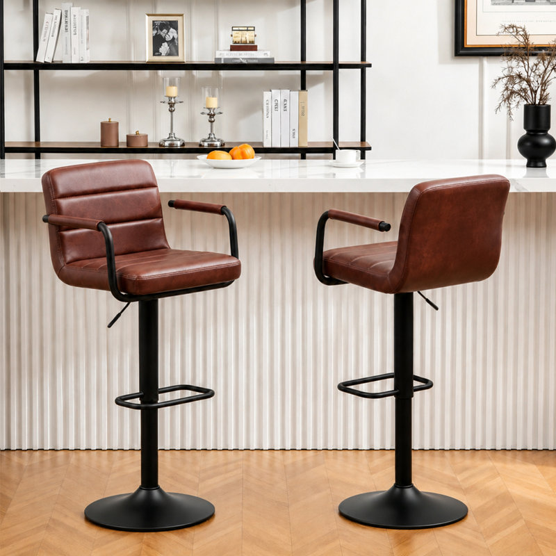  Ensemble de 2 tabourets de bar pivotants réglables modernes avec dossier haut et similicuir rembourrés, Brun-rouge