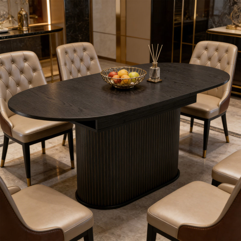55.11"-70.86" Extendable Dining Table, With Striped Legs For Living Room & Kitchen, Black