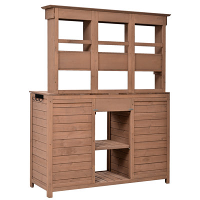 Grand banc de jardin avec - 65,7 po, 3 tablettes, 6 tiroirs, 2 armoires et crochets latéraux, bois de sapin, conception ergonomique, bureau brun de 65,7 po de hauteur, armoires, ergonomique,