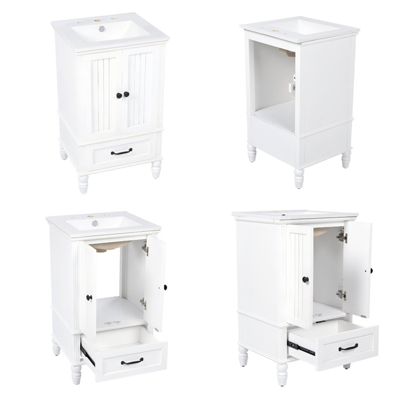 Meuble-lavabo moderne de 20 po avec lavabo en céramique, armoire autoportante blanche avec portes doubles, tiroir, butoirs de porte magnétiques et patins réglables