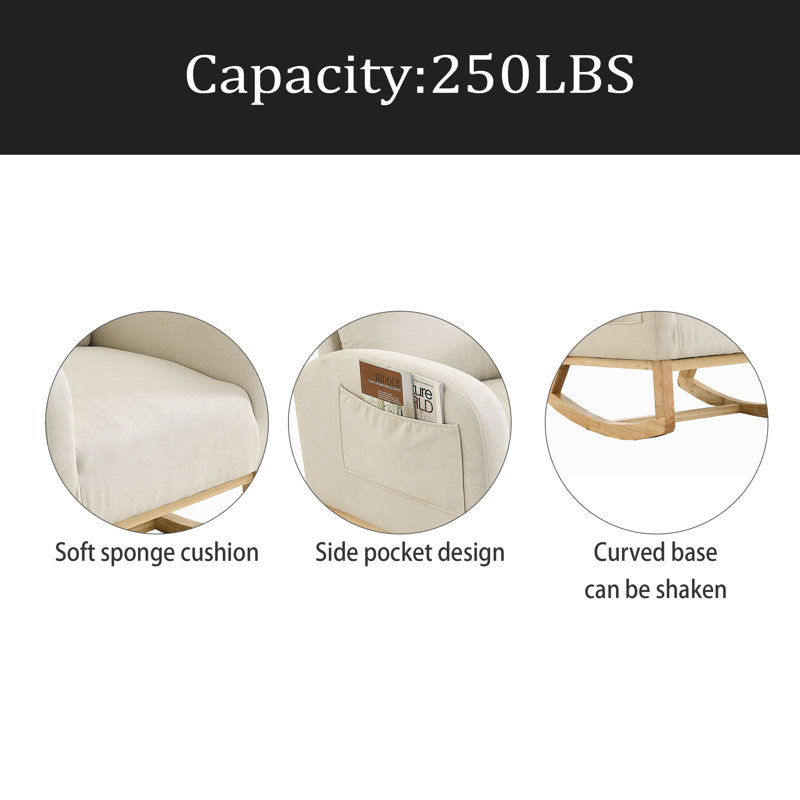 Fauteuil à bascule moderne avec accoudoirs de salon à dossier haut l 27,6 po et deux poches latérales, Beige