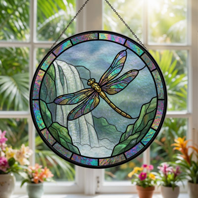 7.8"H Dragonfly Waterfall Stained Glass Window Panel
