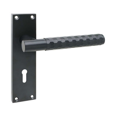 Golden Grace 1 Pair Victorian Knurled Hex Cut Lock Door Handle Matt Black - Secure and Elegant 3 Lever Lock Set with Hinges - 150mm x 40mm