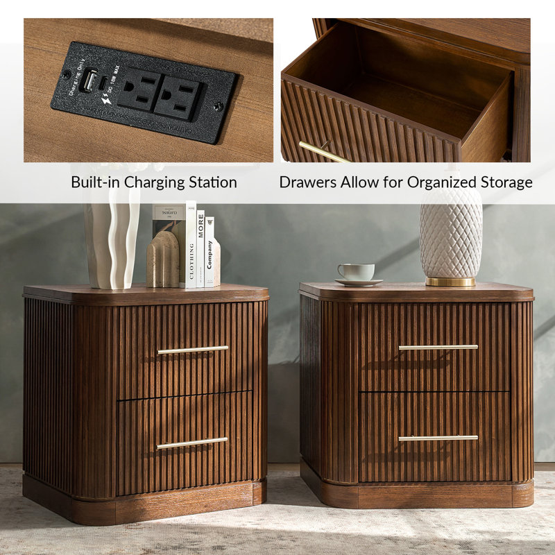 Graciana 4-Piece Fluted Solid Wood Bedroom Set, Walnut, King