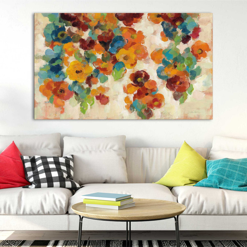 Épice et fleurs turquoise - Peinture, Toile tendue, H 28 po x l 48 po x P 1,5 po