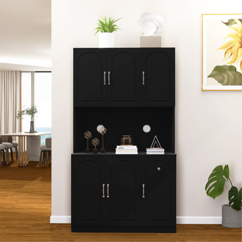 Armoire de rangement pour garde-manger de 71 po avec comptoir de four à micro-ondes, armoire de bahut autoportante avec tablettes réglables, 6 portes et 1 tiroir noir