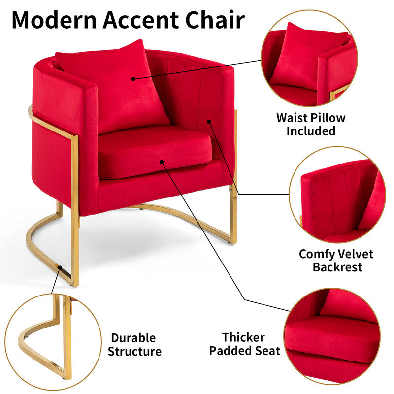 Fauteuil d'appoint demi-tonneau en velours avec coussin, Rouge