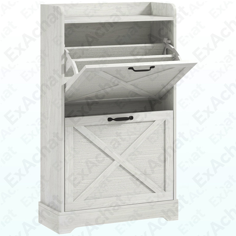 Slim Shoe Cabinet for Entryway, Farmhouse Hidden Shoe Storage Cabinet with 2 Flip Drawers and Adjustable Shelves for 8 Pairs of Shoes, Distressed White