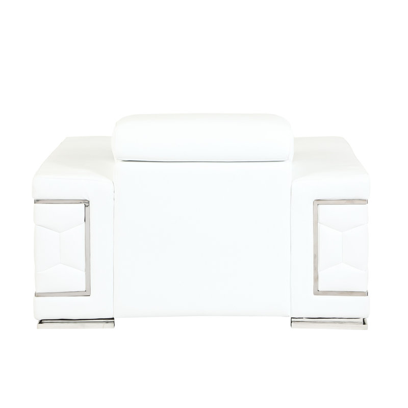 Chaise en cuir fleur de qualité supérieure avec structure en bois massif et 3 couches de mousse haute, finition blanche avec pieds en acier inoxydable, luxe