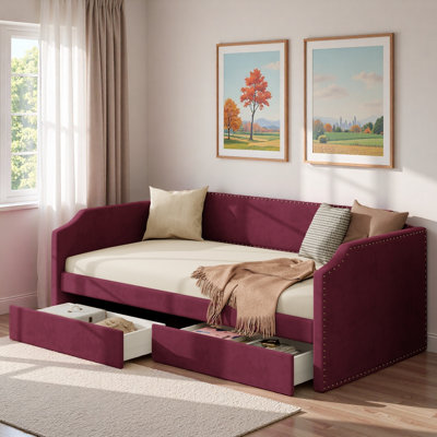 Velvet Upholstered Daybed With 2 Drawers And Nail Head Decoration