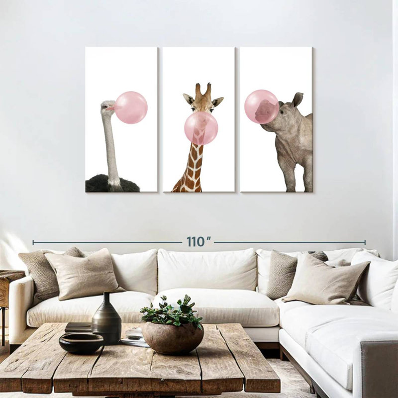 Ensemble de 3 animaux rigolos sur toile, H 48 po x l 74 po