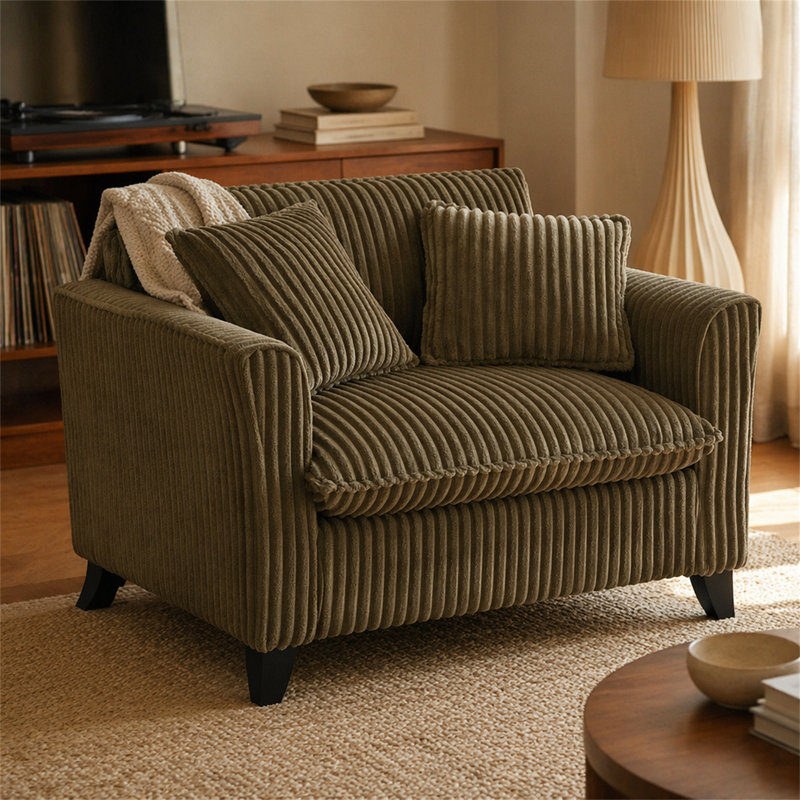 Petit canapé simple, fauteuil avec coussins, rembourré en velours côtelé doux, chaise décorative confortable, style scandinave moderne, brun