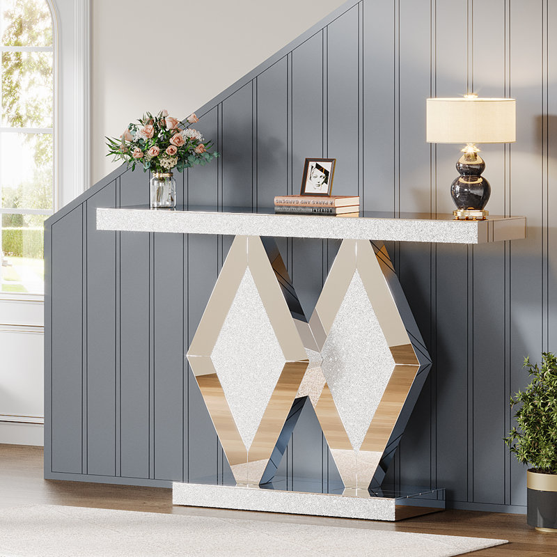 47.24" Mirrored Console Table With Acrylic Diamonds, Silver Sofa Table For Entryway