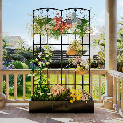 Metal Planter Box With Trellis, Outdoor Raised Garden Bed With Privacy Screen For Climbing Plants