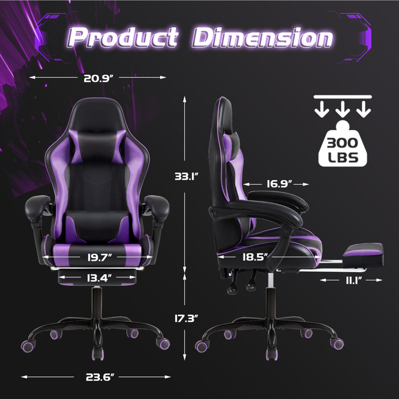 Fauteuil de jeu vidéo réglable avec massage pivotant pour PC et fauteuil de jeu de course avec repose-pieds, Noir/mauve