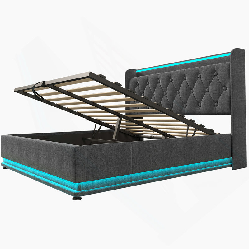 Upholstered bed, 360 surround LED function, Buttons/Apps/Remote Control, hydraulic storage bed, Full