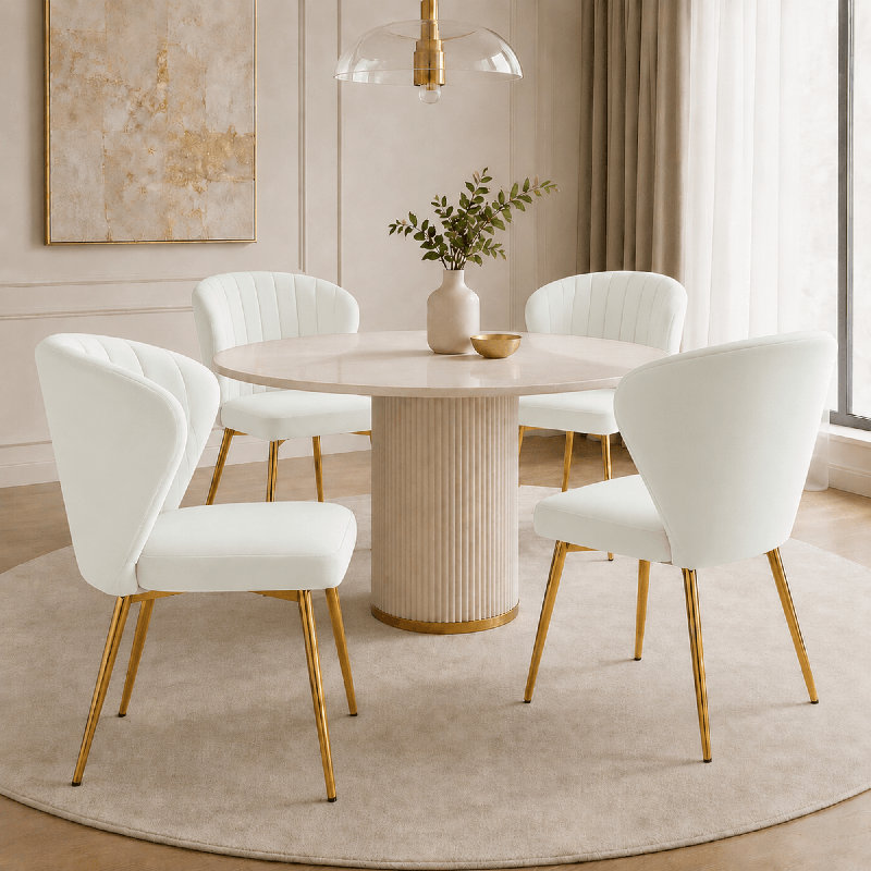 Chaise à oreilles moderne en velours capitonné blanc avec pieds en métal, Blanc