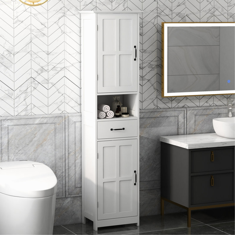 Grande armoire de rangement blanche pour salle de bain en lin - mince avec tablette ouverte, tiroir, portes encastrées et tour de tablettes