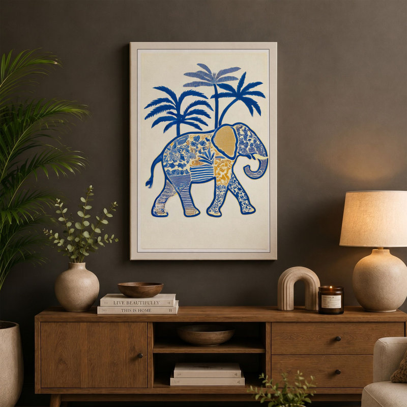 Elephant With Palms Boho - Print, 24x16 - 61.0 x 40.6 cm, Sage Border