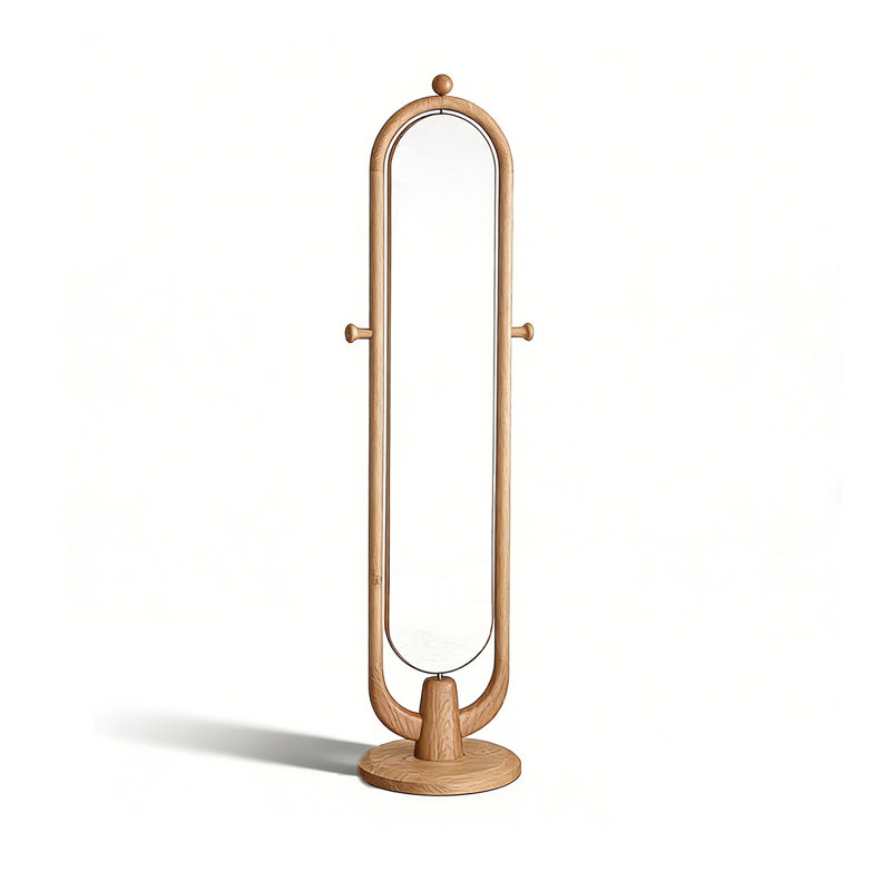 Mid-Century Solid Ash Wood Rotatable Full Length Mirror With Integrated Coat Rack, Oak Wood