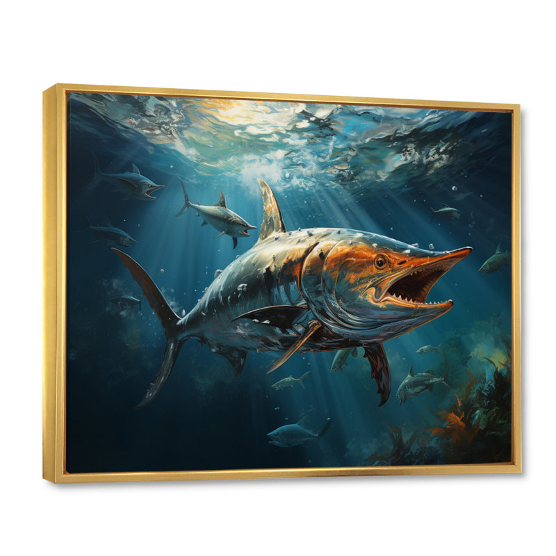 " Fishing Majestic Marlins Jumping III ", H 34 po x l 44 po x P 1,5 po, Cadre flottant doré