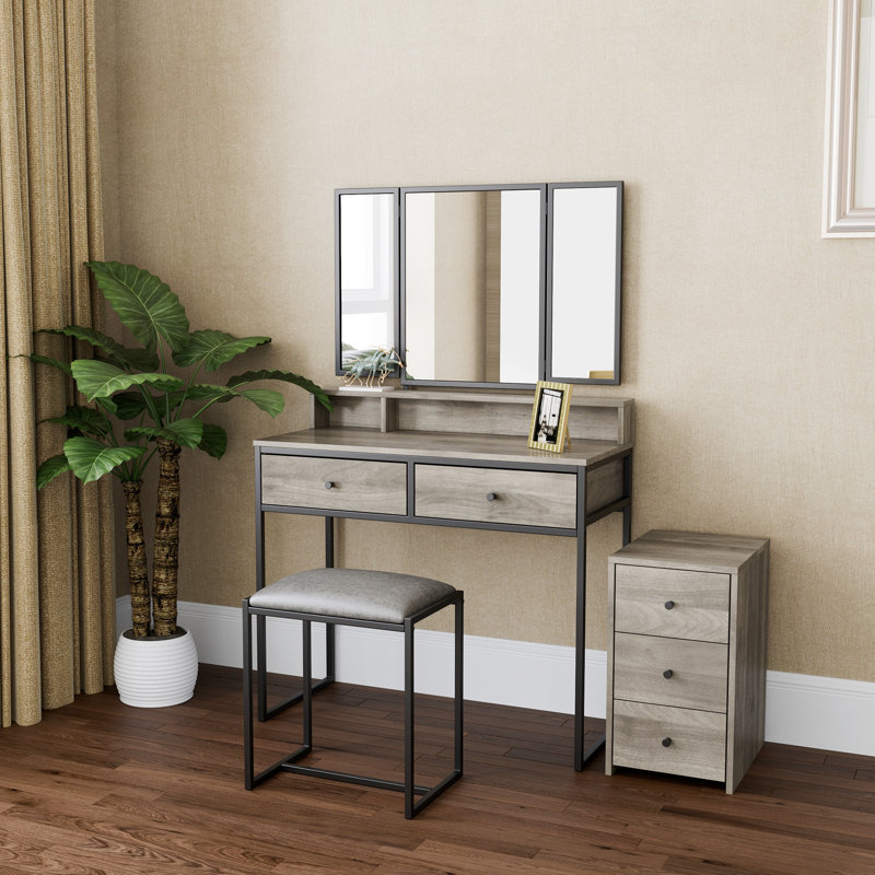 Kimberlee Dressing Table with Mirror, Ivory Gray