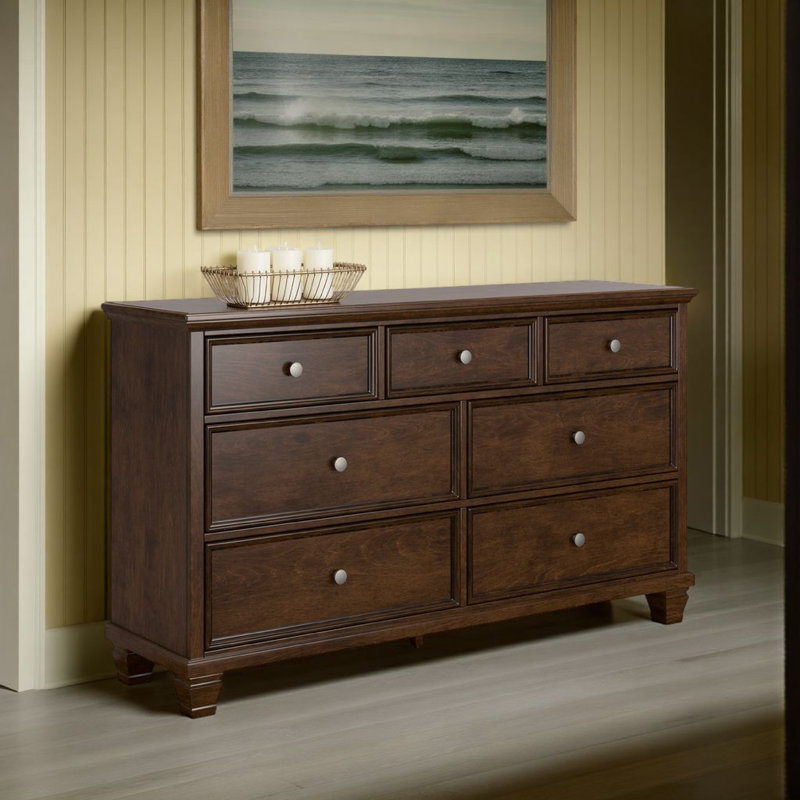 Commode large Reno, 7 tiroirs de rangement, boutons ronds en nickel, brun riche