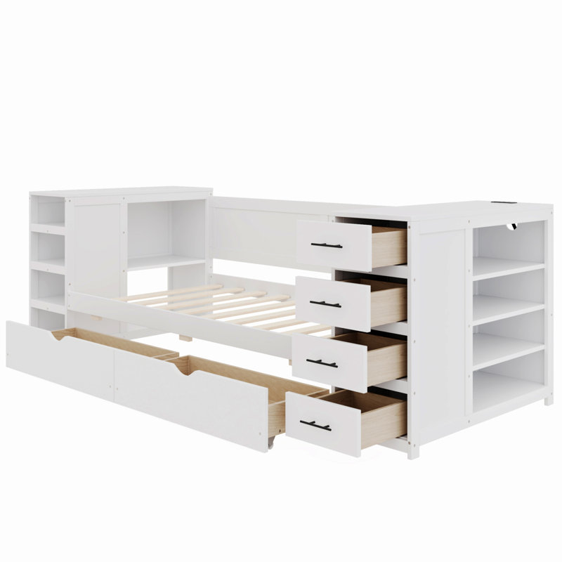 Lit de jour simple blanc avec tablettes latérales et tiroirs, lit de rangement avec bureau multifonctionnel et station de charge pour chambre à coucher, chambre d'amis