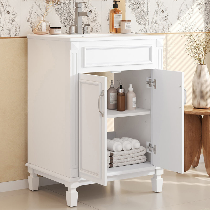 24'' Freestanding Bathroom Vanity With Ceramic Sink, Black, White