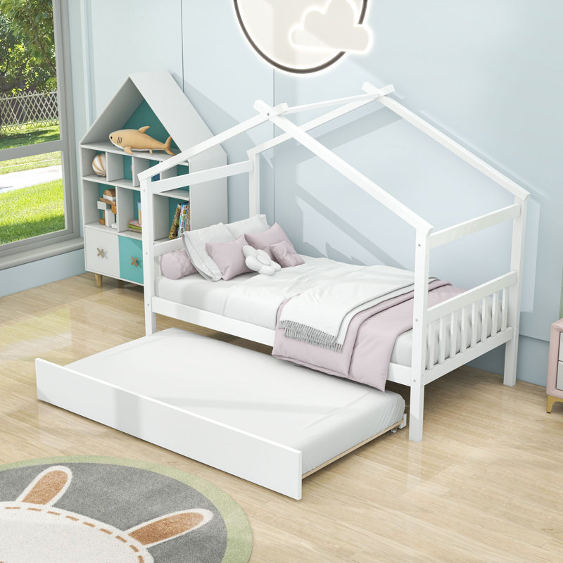 Wood House Bed With Pull-Out Twin Trundle, Twin, White