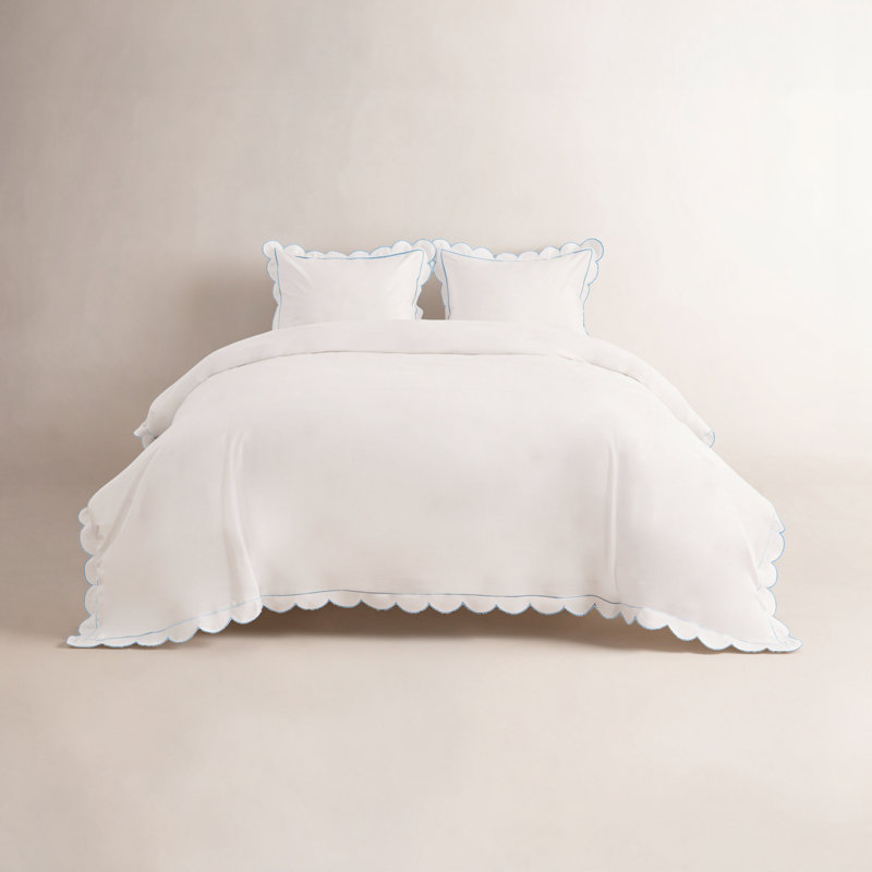 SCALLOP FRAME PERCALE DUVET SET, Blue, Queen Duvet Cover + 2 Standard Shams