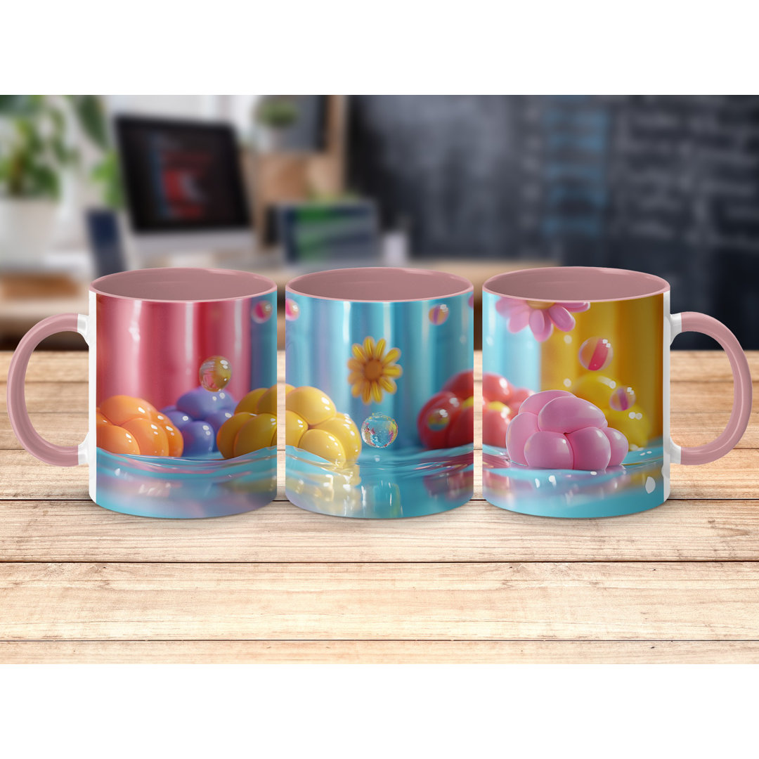 Set of 2 Colourful 3D Design 11oz Accent Mugs – White Ceramic Coffee Cups with a Pink Handle and Interior